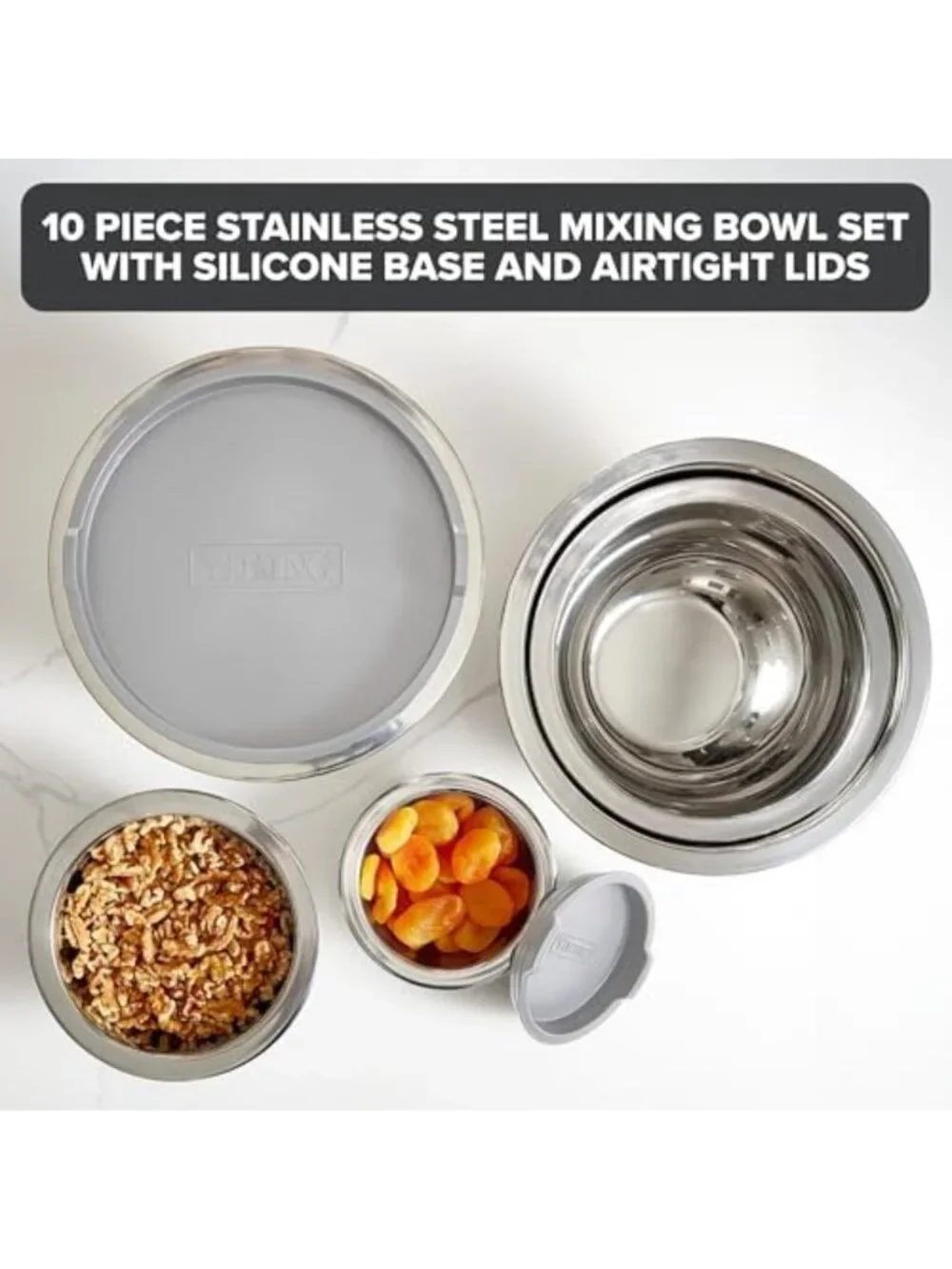 10-Piece Stainless Steel Mixing Bowls Set with Non-Slip Base & Lids, Dishwasher